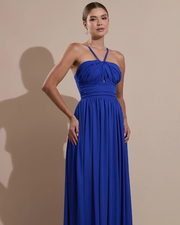 Vestido de Festa Longo Crepe Chiffon Drapeado com Alças Finas Azul Royal