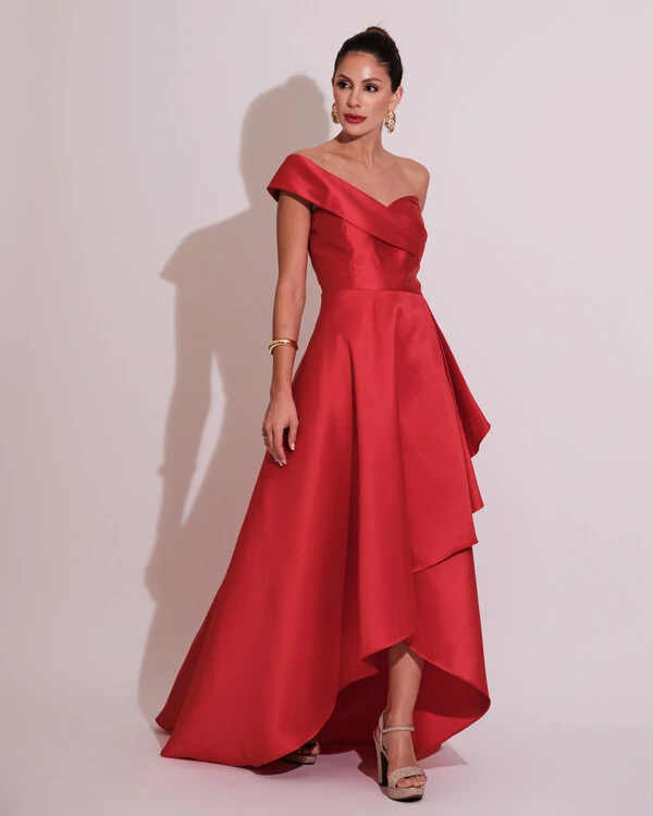 Vestido de Festa Longo Zibeline um Ombro Só Mullet Vermelho