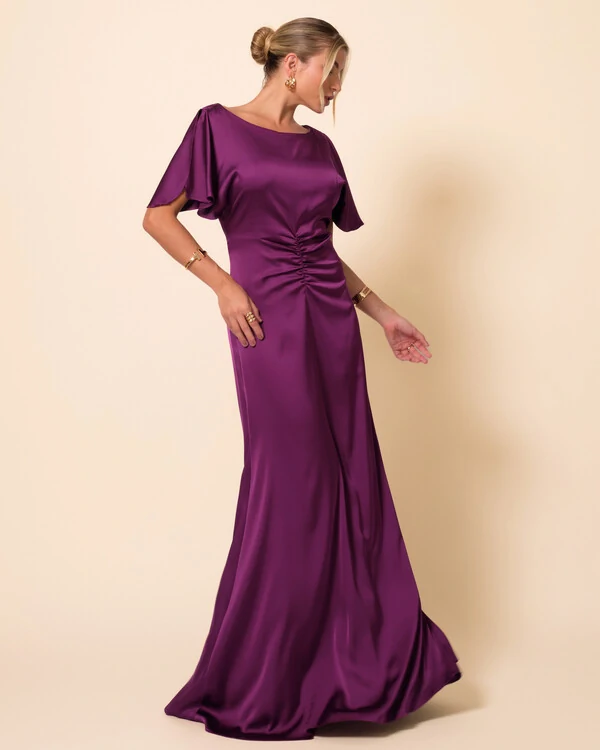 Vestido de Festa Longo Cetim Fluido Manga Curta Drapeado Roxo
