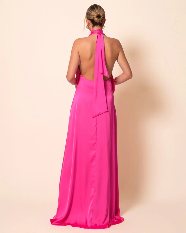 Vestido de Festa Longo Cetim Fluido Frente Única Degagê Mil Formas Pink New