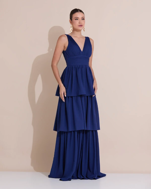 Vestido de Festa Longo Decote V Crepe Chiffon Plissado Camadas Babado Azul Marinho