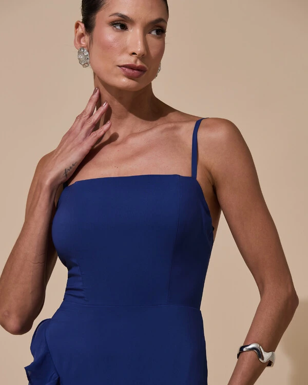 Vestido de Festa Longo Alças Finas Crepe Chiffon Babado Cascata Fenda Costas V Azul Marinho