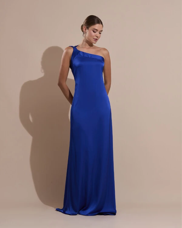 Vestido de Festa Longo Cetim Fluido Um Ombro Só Amarração Costas Azul Royal