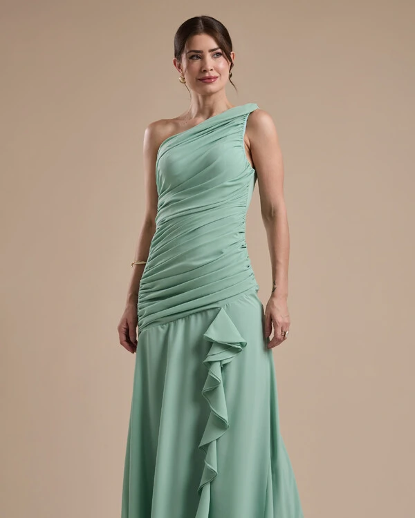 Vestido de Festa Longo Crepe Chiffon Um Ombro Só Drapeado com Babado Verde Menta