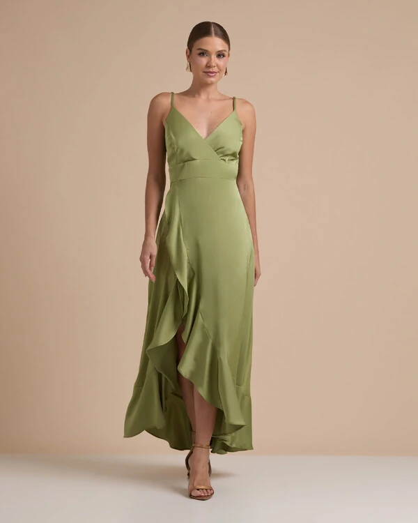 Vestido Midi Babado Acetinado Verde Pistache