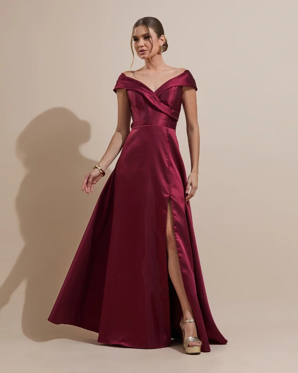 Vestido de Festa Longo Zibeline Ombro a Ombro com Fenda Marsala Escuro