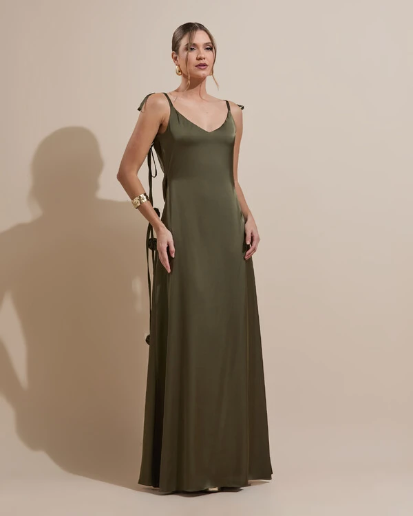 Vestido de Festa Longo Decote Degagê Costas Cetim Flores 3D Alças Verde Oliva