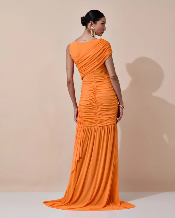 Vestido de Festa Longo Tule Faixa Detalhe Drapeado Laranja New