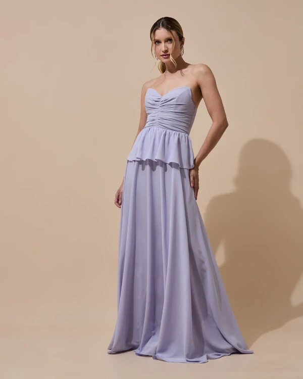 Vestido de Festa Longo Crepe Chiffon Tomara que Caia Peplum Drapeado Lilás Claro