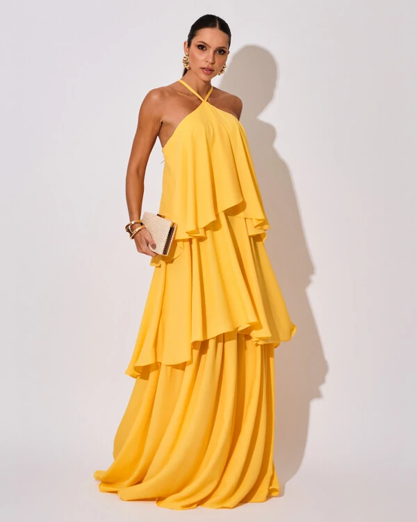 Vestido Longo Crepe Chiffon Babado em Camadas Amarelo