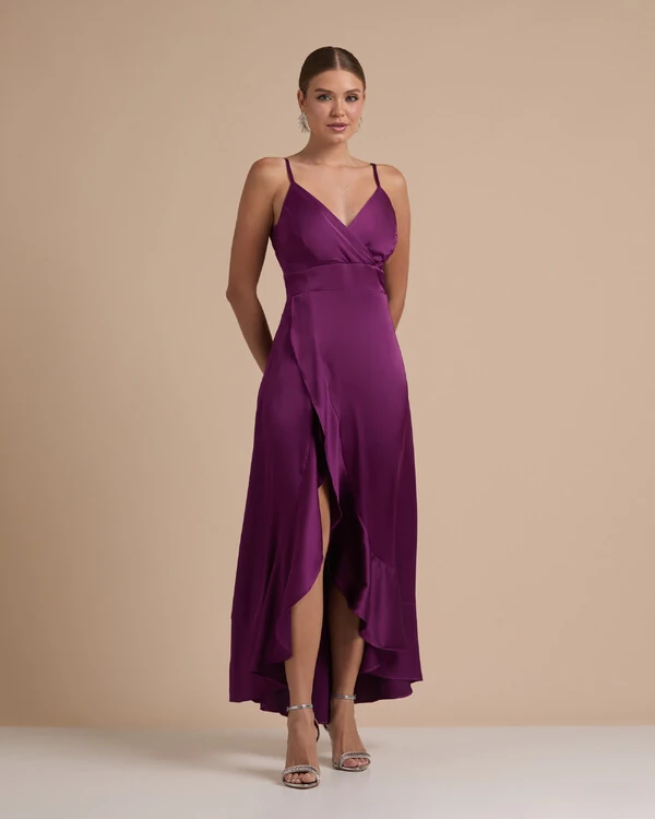 Vestido Midi Babado Acetinado Roxo