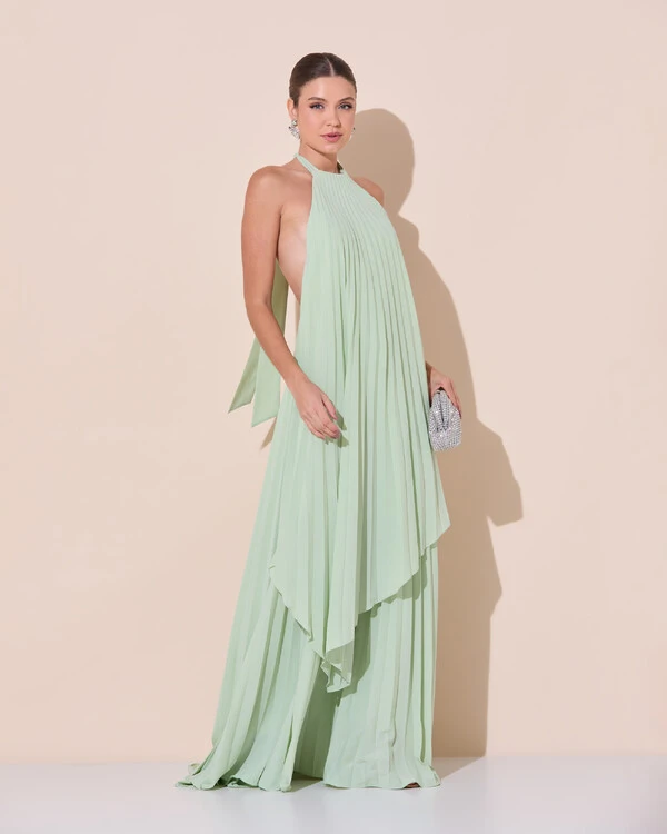 Vestidos de Festa Longo Chiffon Fluido Frente Única Plissado Duplo Verde Menta New