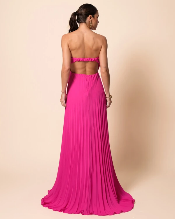 Vestido de Festa Longo Tomara que Caia Plissado Detalhe Pink