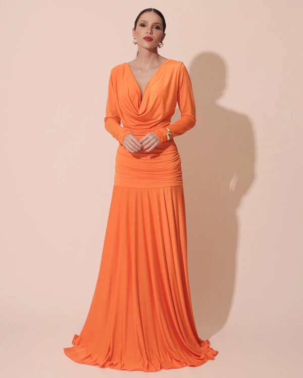 Vestido de Festa Longo Malha Degagê Drapeado Manga Longa Laranja