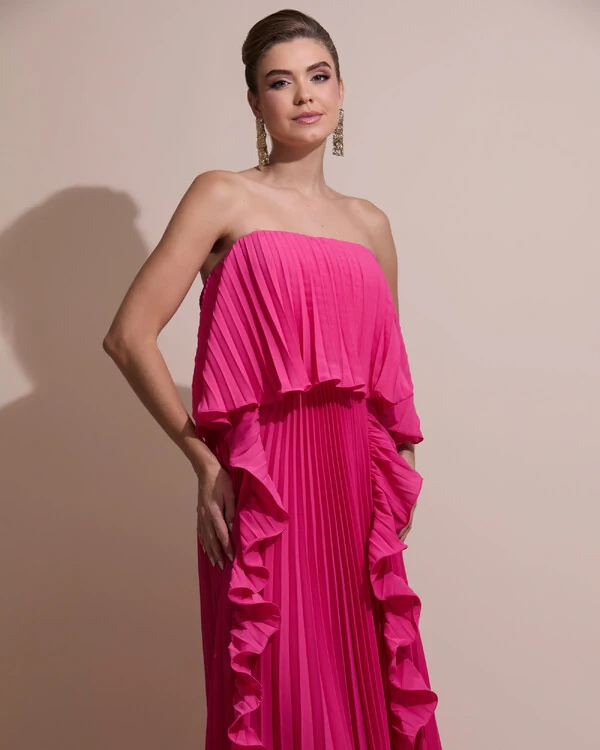 Vestido de Festa Longo Crepe Chiffon Tomara que Caia Plissado com Babado Cascata Pink New