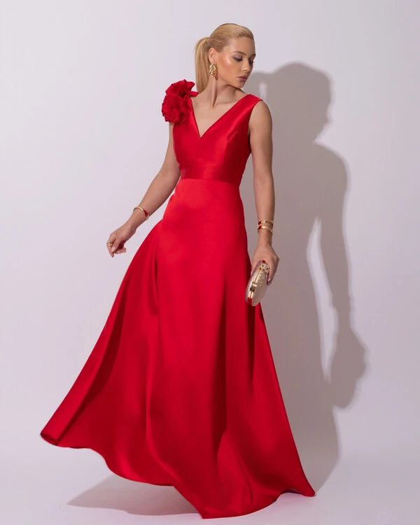 Vestido de Festa longo Zibeline Decote em V com Flores Removivel Vermelho