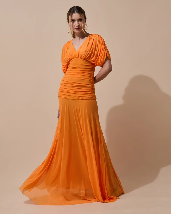 Vestido de Festa Longo Tule Manga Curta Drapeado Laranja New