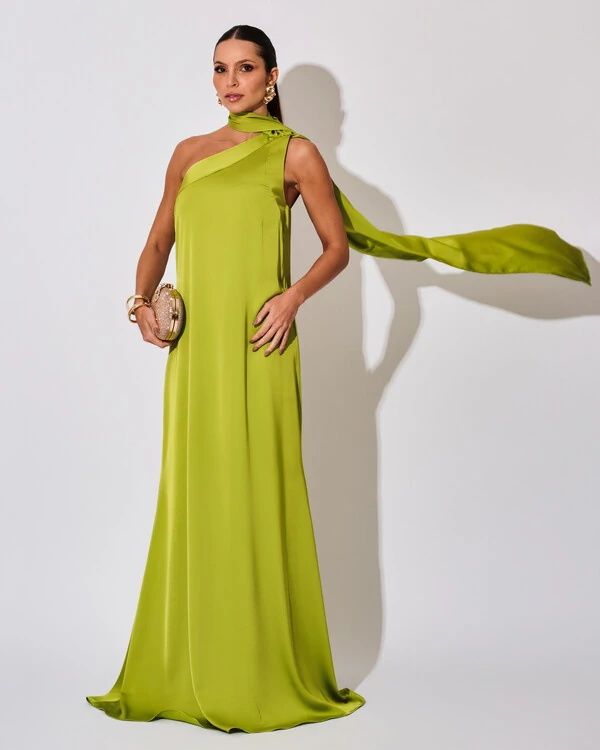 Vestido de Festa Longo Cetim Fluido Um Ombro Só Lenço Fixo Verde Lima