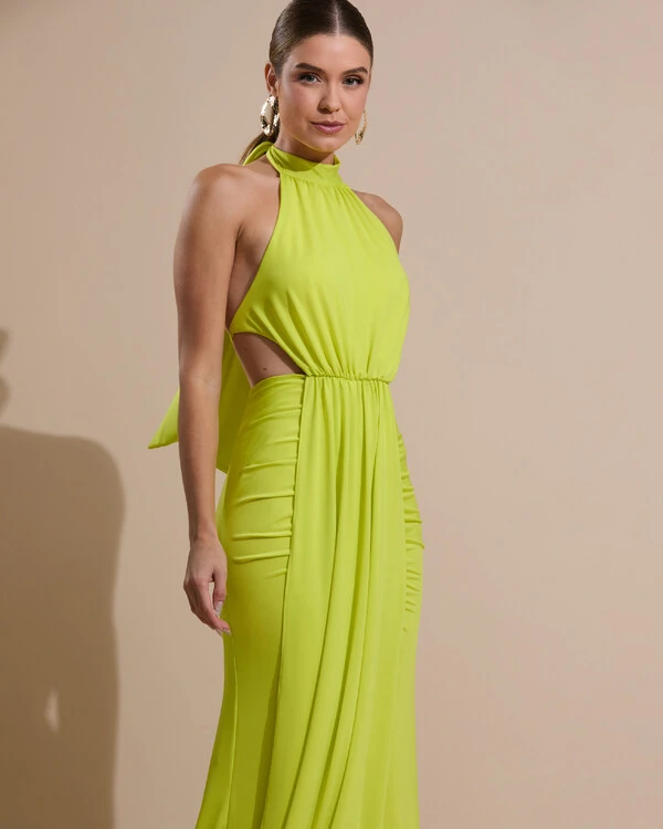 Vestido de Festa Longo Malha Jersey Gola Alta Saia Sereia Verde Lima