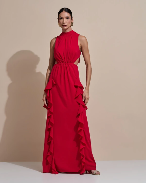 Vestido de Festa Longo Gola Alta Crepe Chiffon Recortes Babados Cascata Vermelho