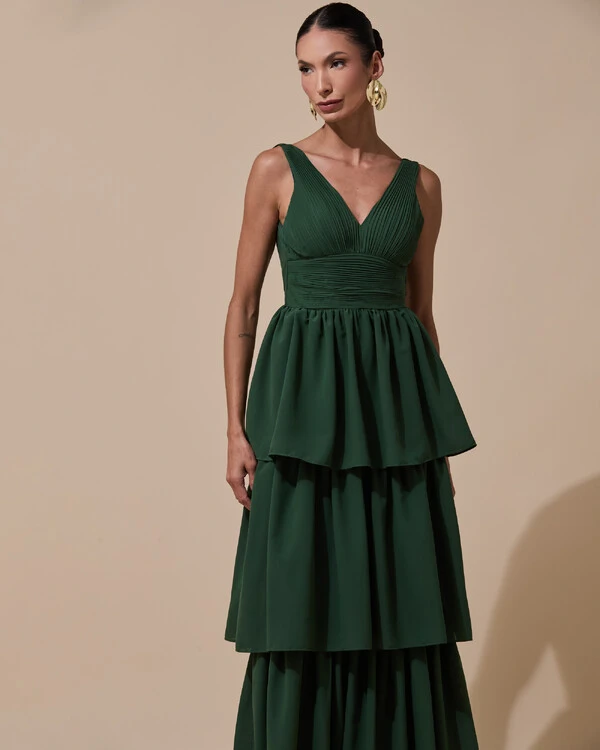 Vestido de Festa Longo Decote V Crepe Chiffon Plissado Camadas Babado Verde Militar