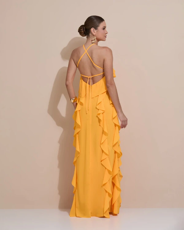 Vestido de Festa Longo Crepe Chiffon Frente Única Babados Cascata e Flor Laranja Manga New