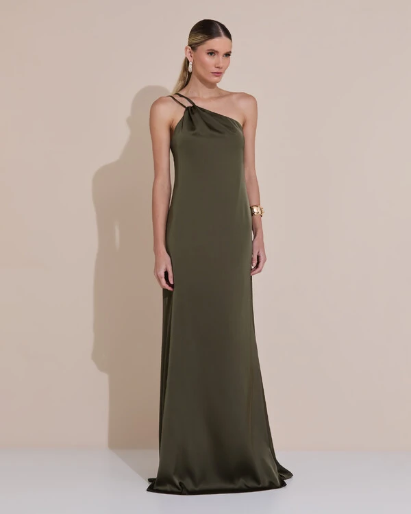 Vestido de Festa Longo em Cetim Fluido um Ombro Só com Lenço Verde Oliva