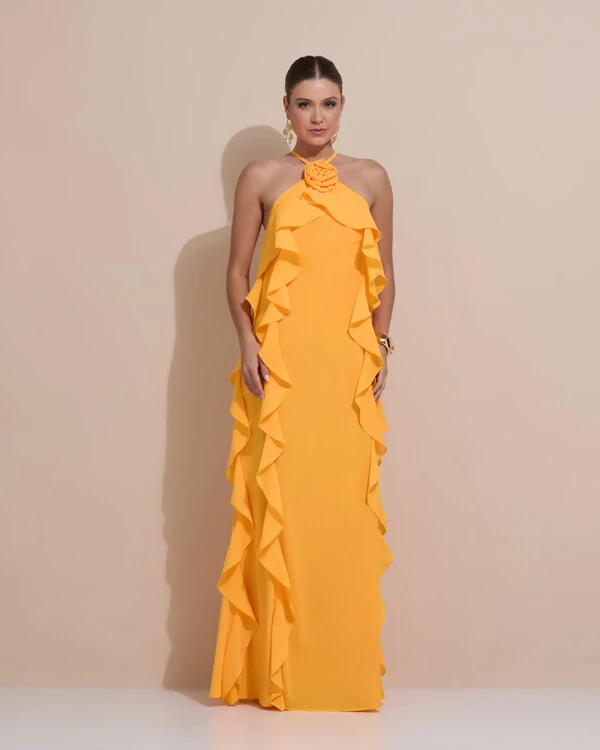 Vestido de Festa Longo Crepe Chiffon Frente Única Babados Cascata e Flor Laranja Manga New