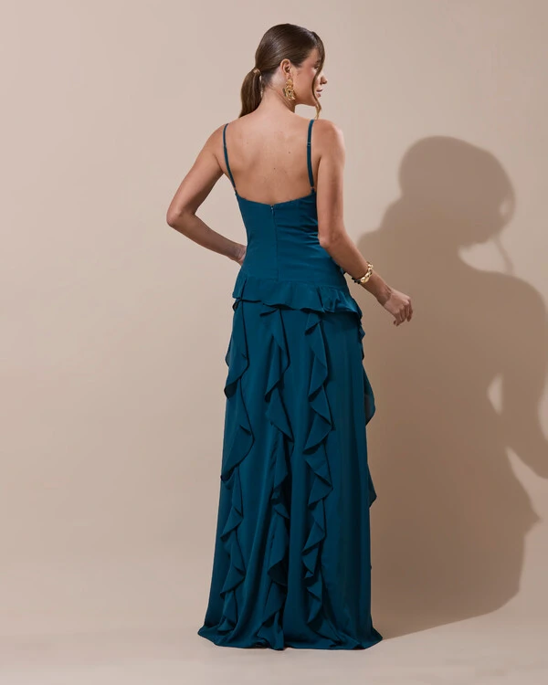 Vestido de Festa Longo Decote V Crepe Chiffon Babados Cascata e Fenda Verde Escuro