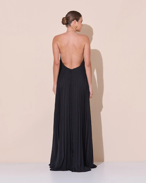 Vestido de Festa Longo Frente Única Plissado Crepe Chiffon Argola Preto