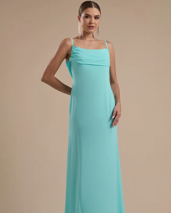 Vestido de Festa Longo Crepe Chiffon Costas Lenço Cauda Tiffany