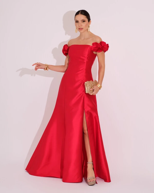 Vestido Longo de Festa Zibeline Ombro a Ombro com Flores e Fenda Vermelho