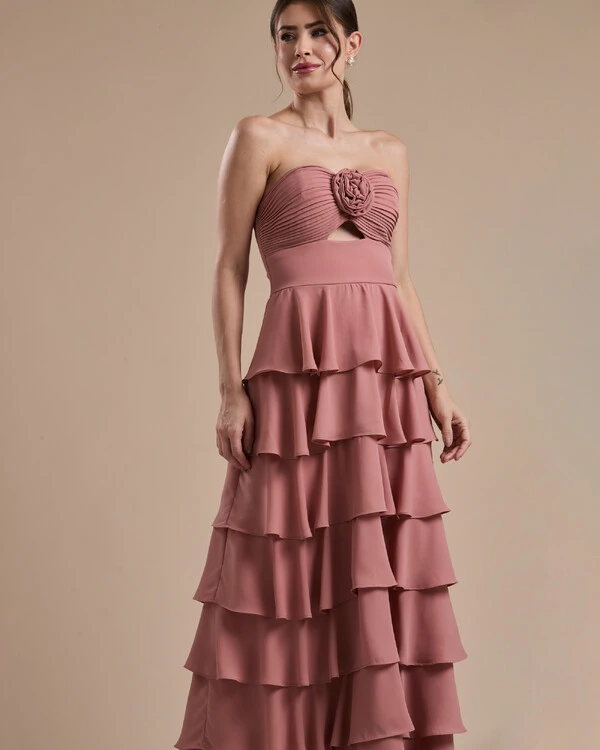Vestido Longo Crepe Chiffon Tomara que Caia Plissado em Camadas Rose