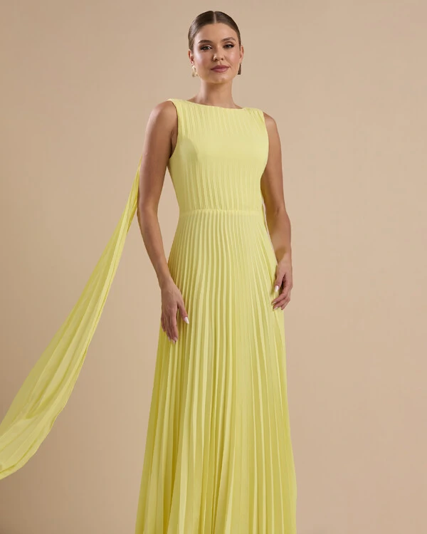 Vestido de Festa Longo Crepe Chiffon Plissado com Lenço nas Alças Amarelo Manteiga