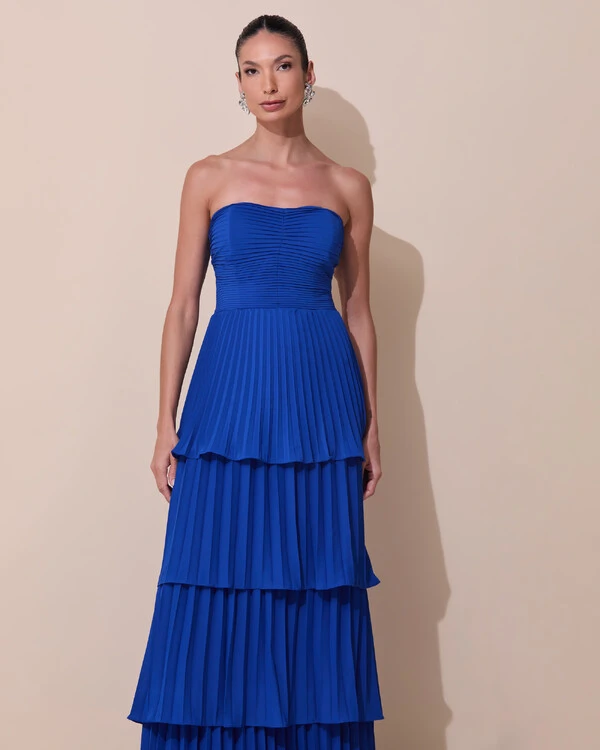Vestido de Festa Longo Tomara que Caia Crepe Chiffon Plissado Camadas Azul Royal