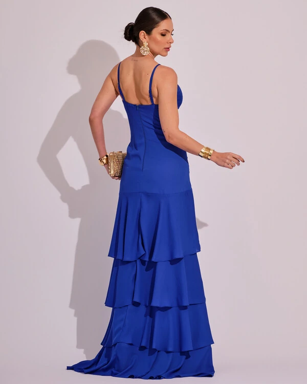 Vestido Longo Frente Única em Crepe com Babados e Camadas Azul Royal