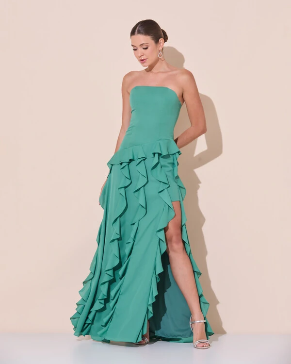 Vestido de festa Longo Tomara que Caia Crepe Chiffon com Babados Cascata e Fenda Verde Matcha Escuro
