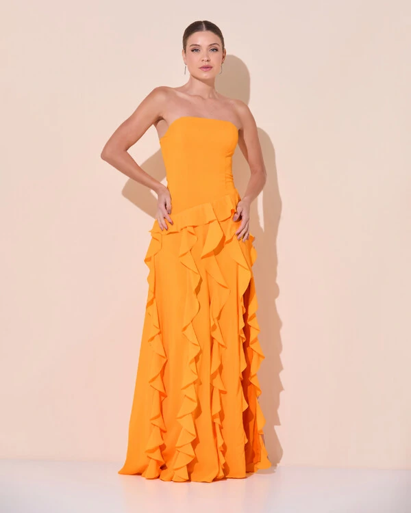 Vestido de festa Longo Tomara que Caia Crepe Chiffon com Babados Cascata e Fenda Laranja Manga New