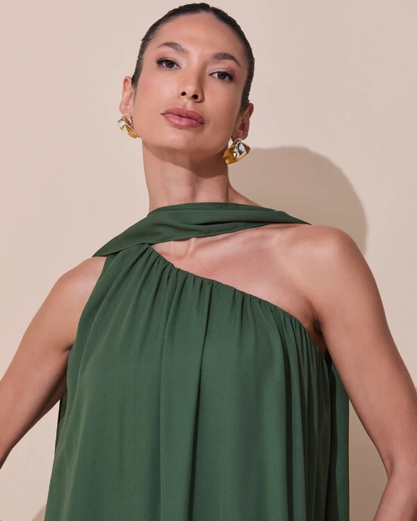 Vestido de Festa Longo Crepe Fluido um Ombro Só com Lenço Verde Escuro New