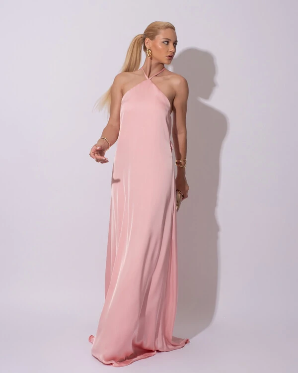 Vestido Longo de Cetim com Decote Triangular e Amarração nas Costas Degagê Rose Gold