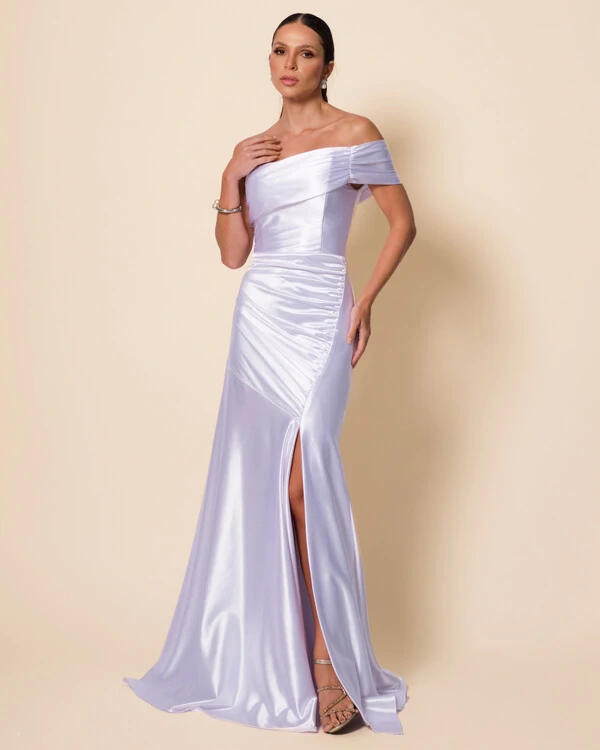 Vestido de Festa Longo Cetim Malha Metálico Ombro a Ombro Branco