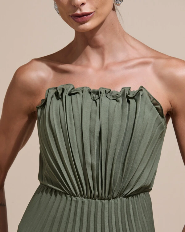 Vestido de Festa Longo Tomara que Caia Plissado Detalhe Verde Oliva