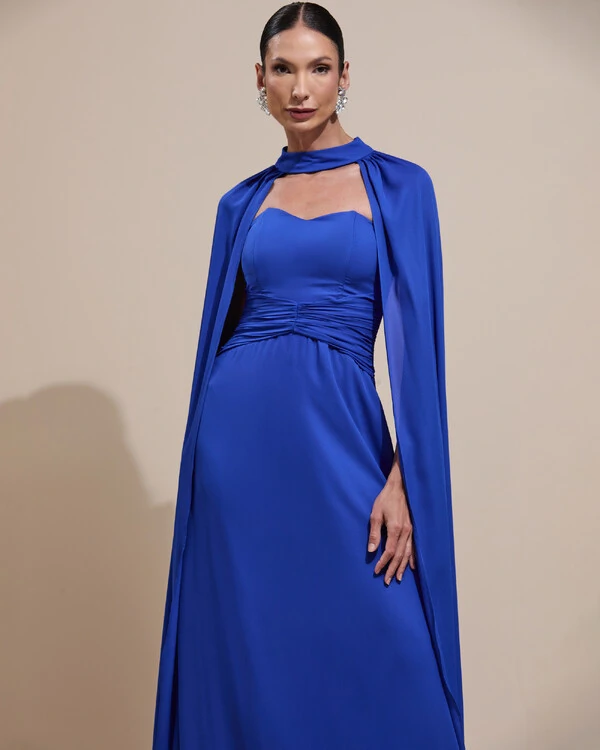 Vestido de Festa Longo Tomara Que Caia Crepe Chiffon Drapeado Capa Azul Royal