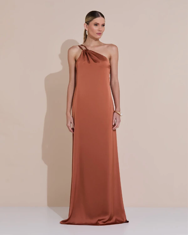 Vestido de Festa Longo em Cetim Fluido um Ombro Só Mocha Mousse