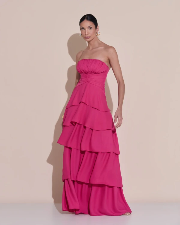 Vestido de Festa Longo Tomara que Caia Drapeado Crepe Chiffon Babados Camadas Pink Escuro