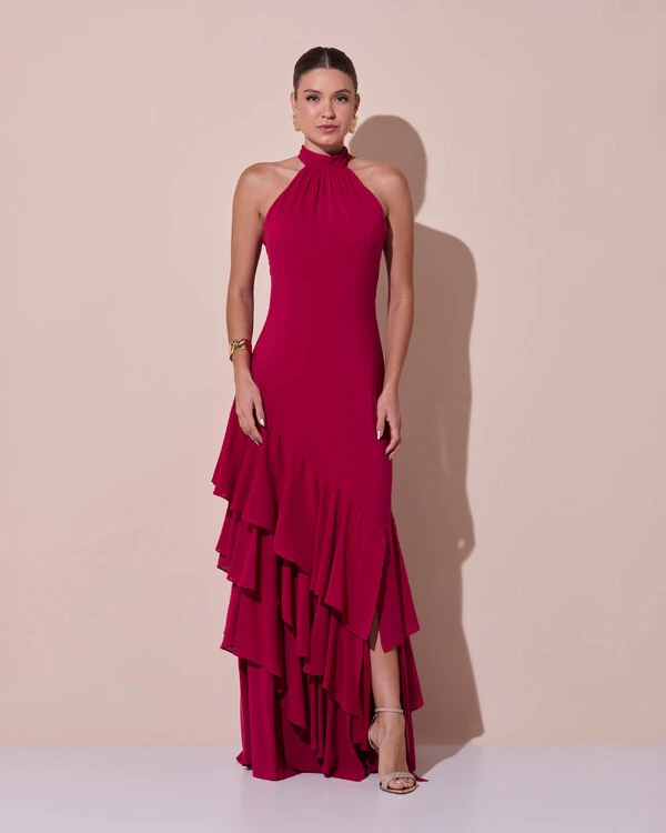 Vestido de Festa Longo Chiffon Crepe Gola Alta Babados Cereja