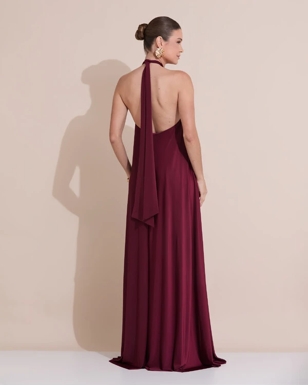 Vestido Longo com Amarração em Malha Marsala Escuro