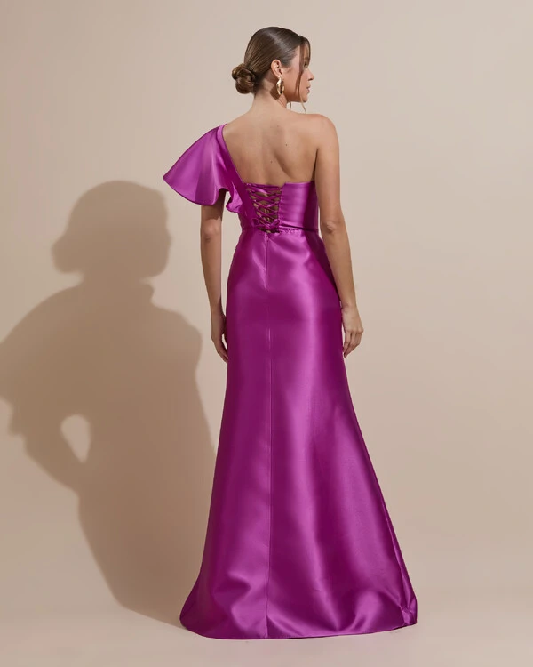 Vestido de Festa Longo um Ombro Tomara que Caia Zibeline Fúcsia