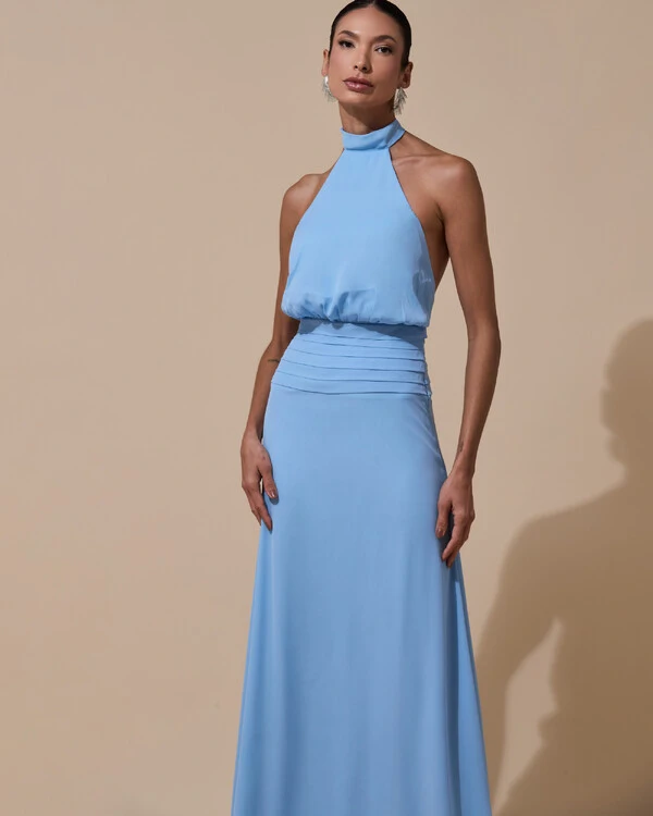 Vestido de Festa Longo Frente Única Busto Blousê Crepe Chiffon Drapeado Azul Atlantis