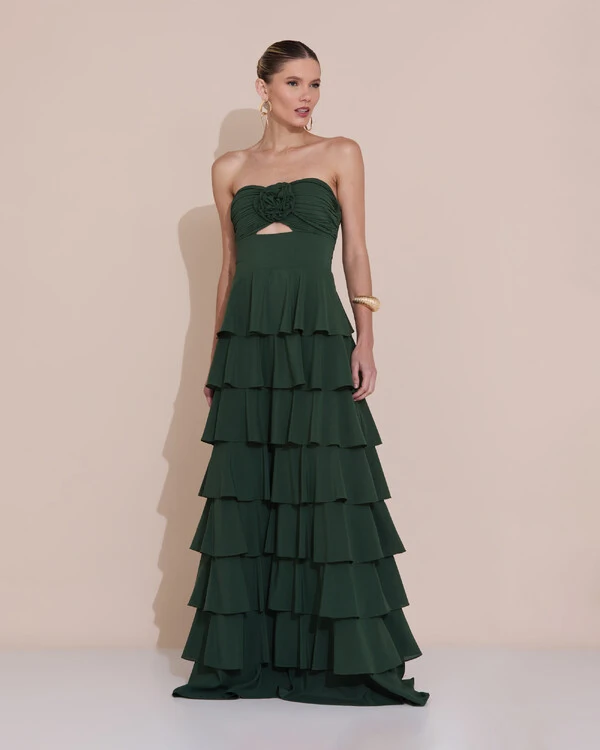 Vestido de Festa Longo Crepe Chiffon Tomara que Caia Plissado Flor Camadas Verde Escuro New